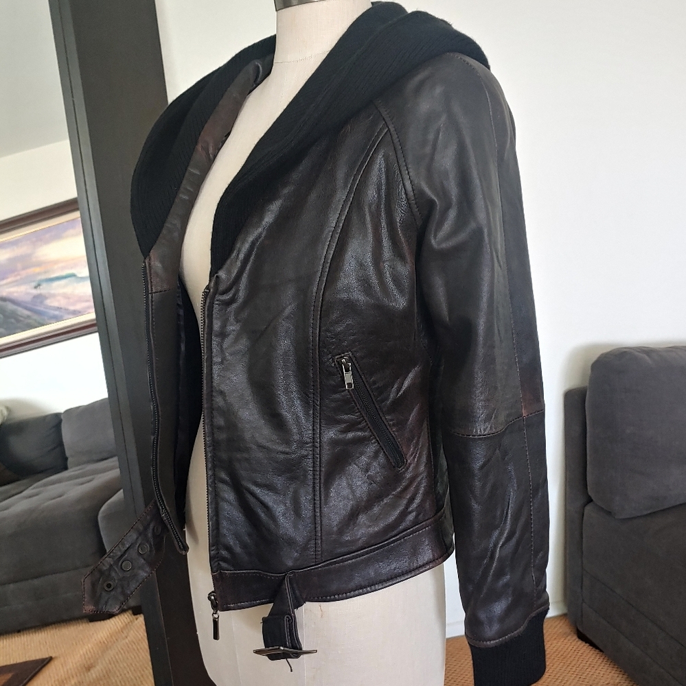 Suzanne Somers Lamb Leather Lined Moto Hooded Jacket